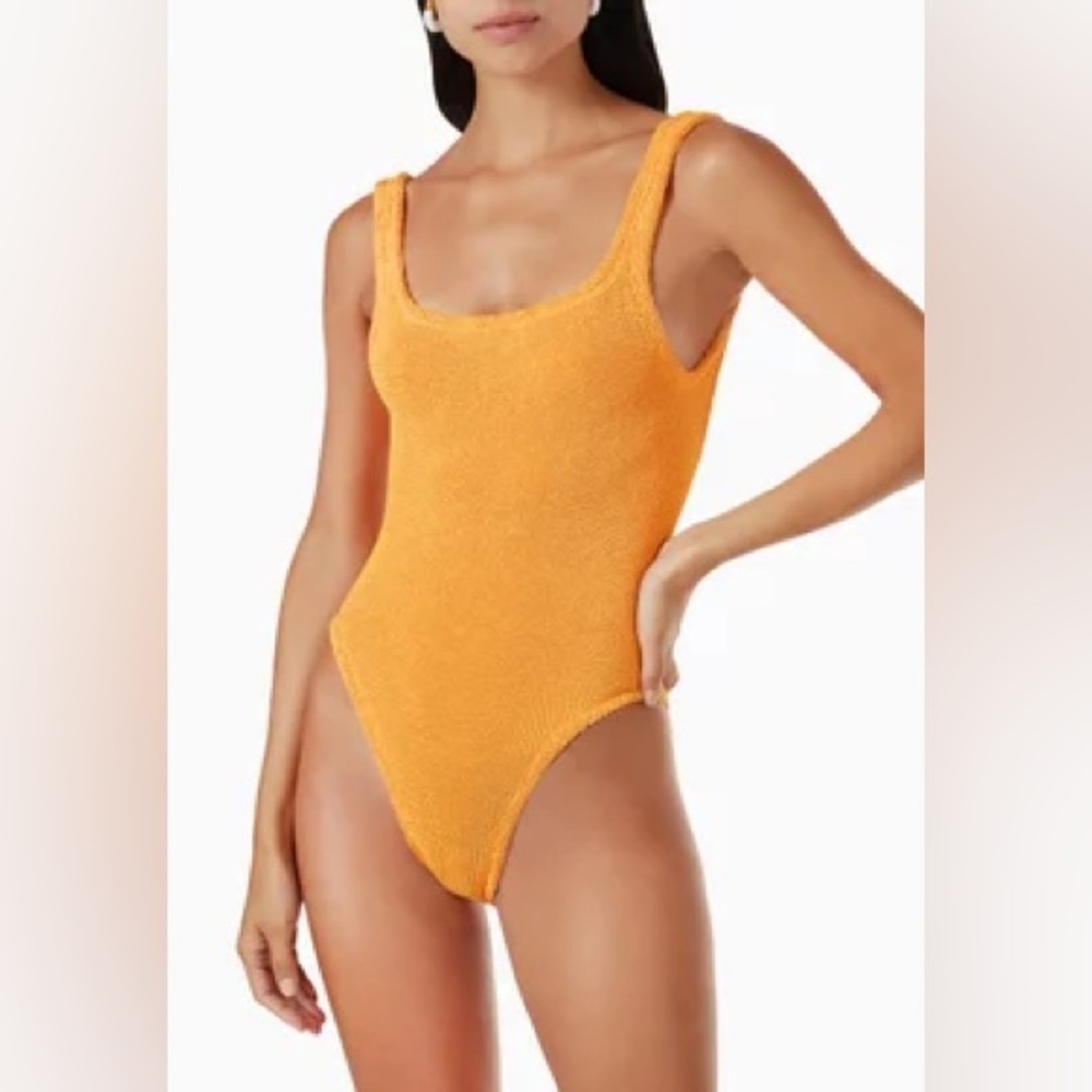 Hunza G Swimsuit Square Neck Crinkle Stretchy Mango Orange Yellow One Size - Picture 1 of 9